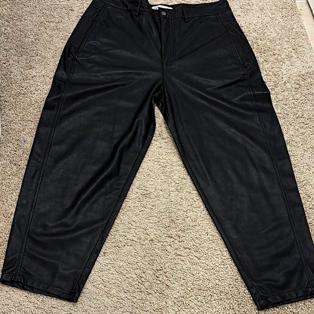 Zara Black Faux Leather Straight Leg Flat Front Pants Size XL NWOT